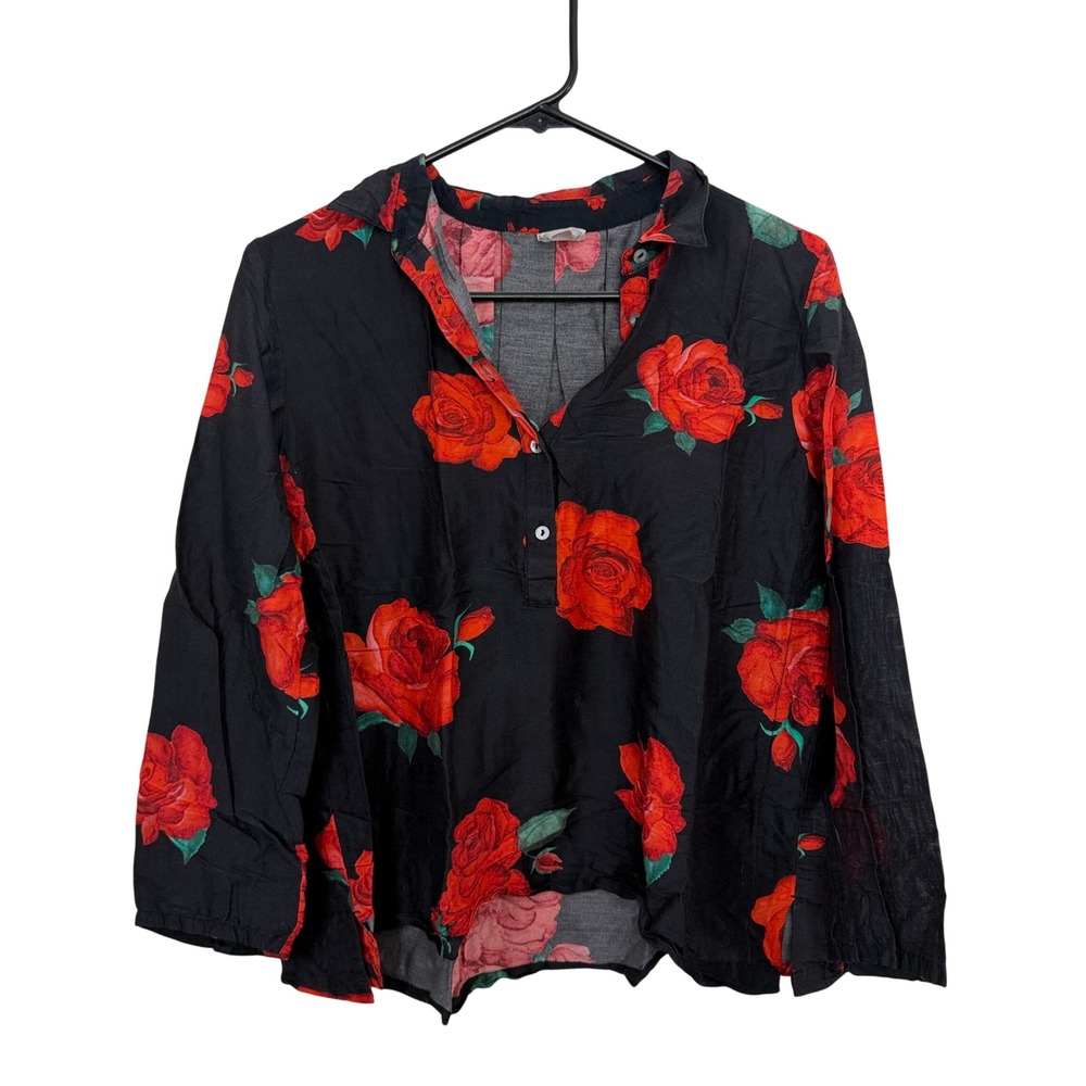 Nicobar Top Womens Small Black Red Rose Floral Cotton Silk Blend Pullover Blouse